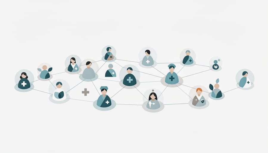 Healthcare professionals visually connected by a glowing light motif representing collaboration